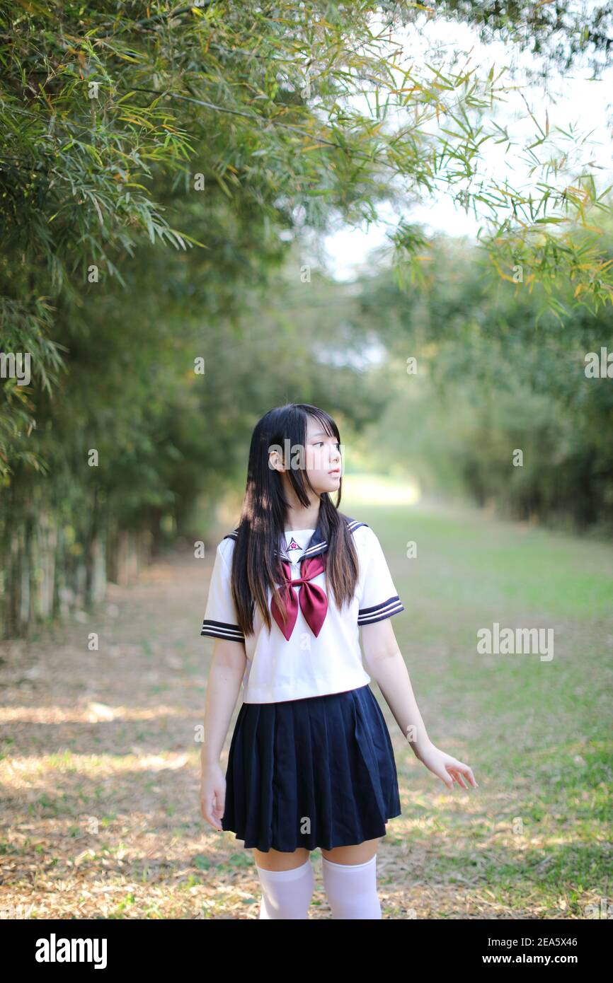 Portrait of beautiful Asian japanese high school girl uniform looking with bamboo forest background Stock Photo