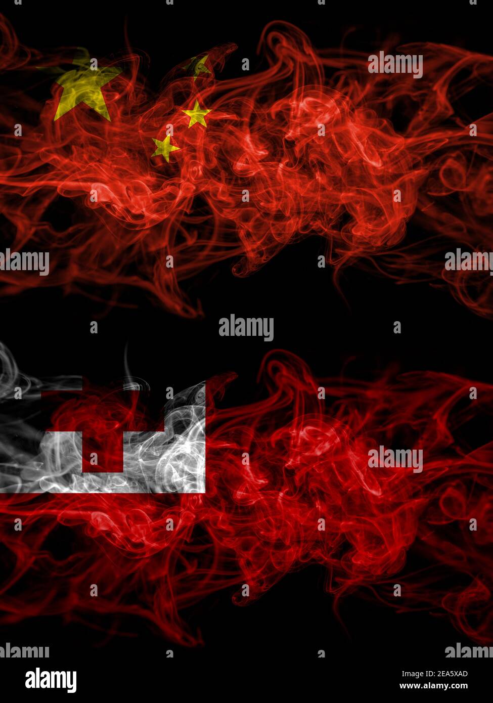 China, Chinese vs Tonga smoky mystic flags placed side by side. Thick