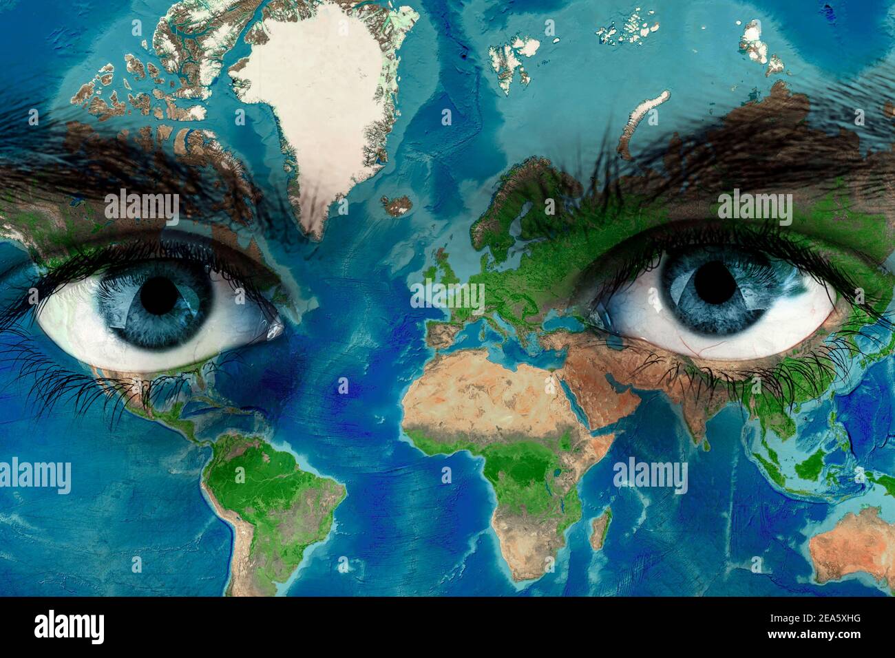 Earth continents painted on face skin, concept save the planet. Image of  earth painted on face skin. Creative composition of eye and planet earth.  Ele Stock Photo - Alamy