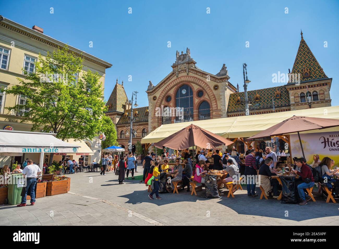 Budapest, Hungary - April 19, 2019: city skyline at Budapest Great Market Hall (Central Market Hall) and outdoor spring market festival Stock Photo