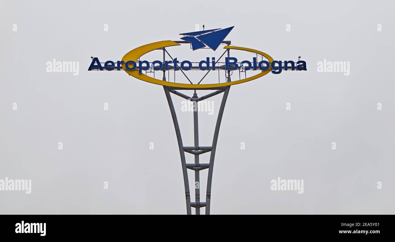 Road sign of Guglielmo Marconi Airport of Bologna. Aeroporto di Bologna