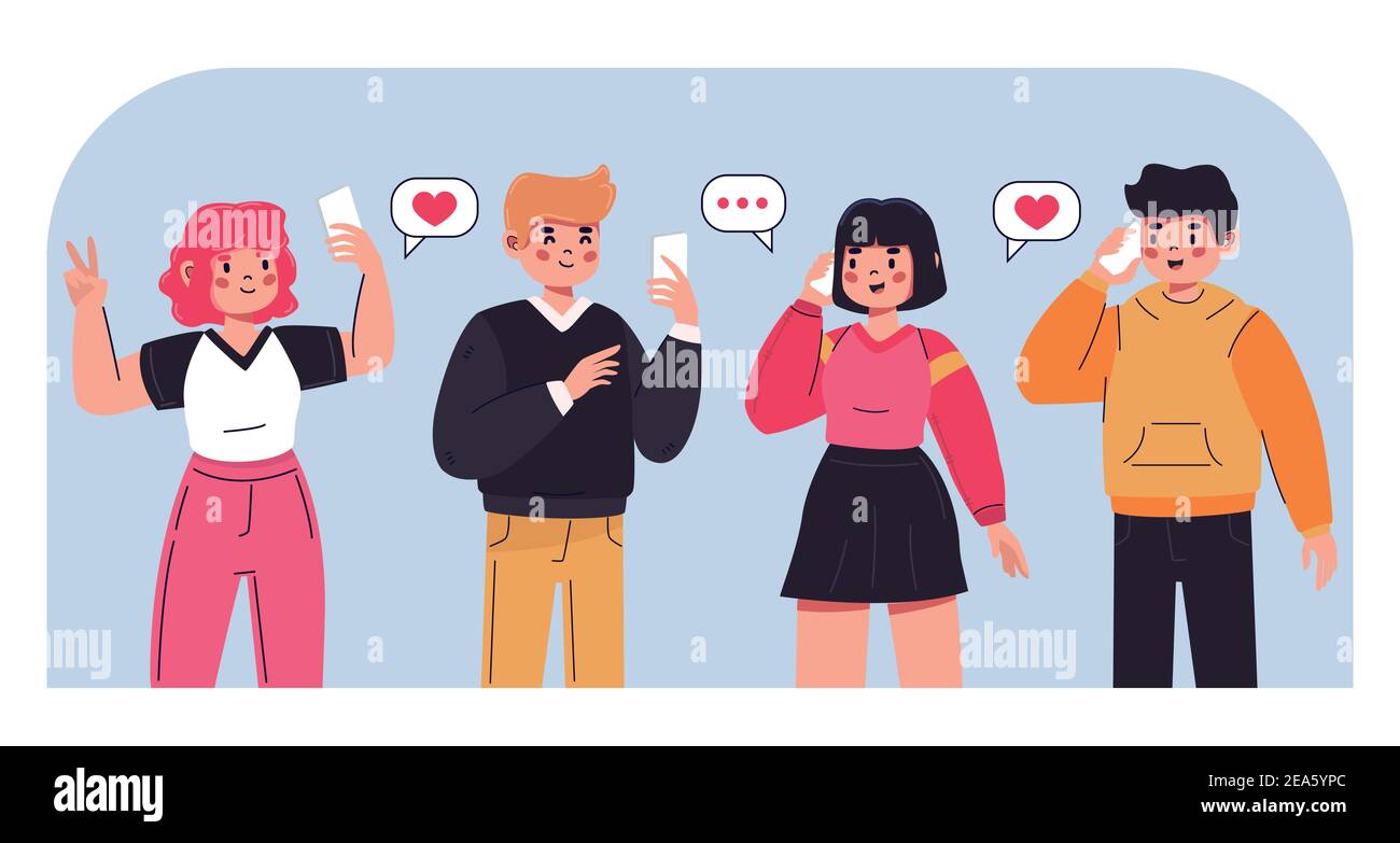 Group of young people using smartphones Vector illustration Stock ...