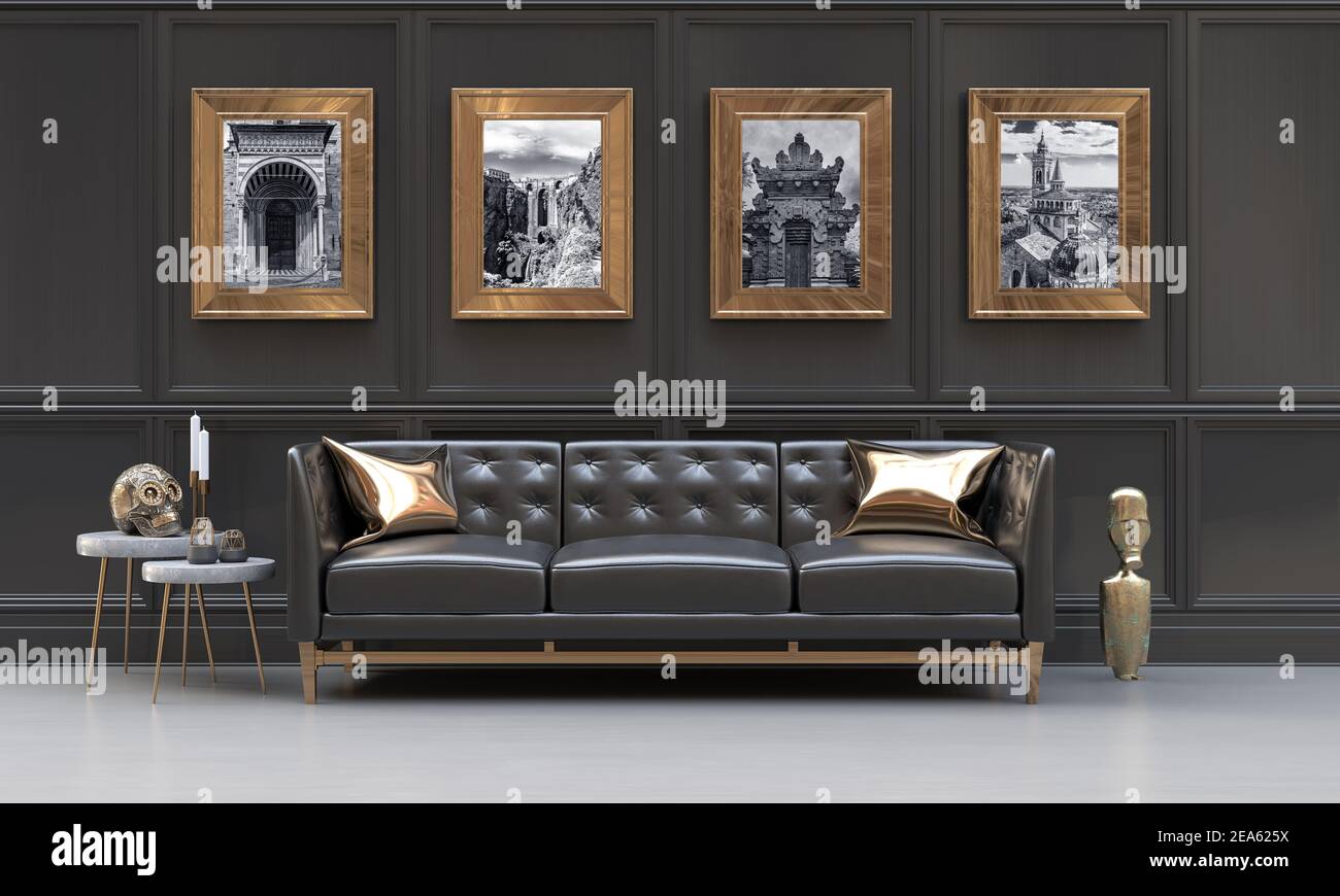 Luxury interior of a black and metallic gold living room with black and