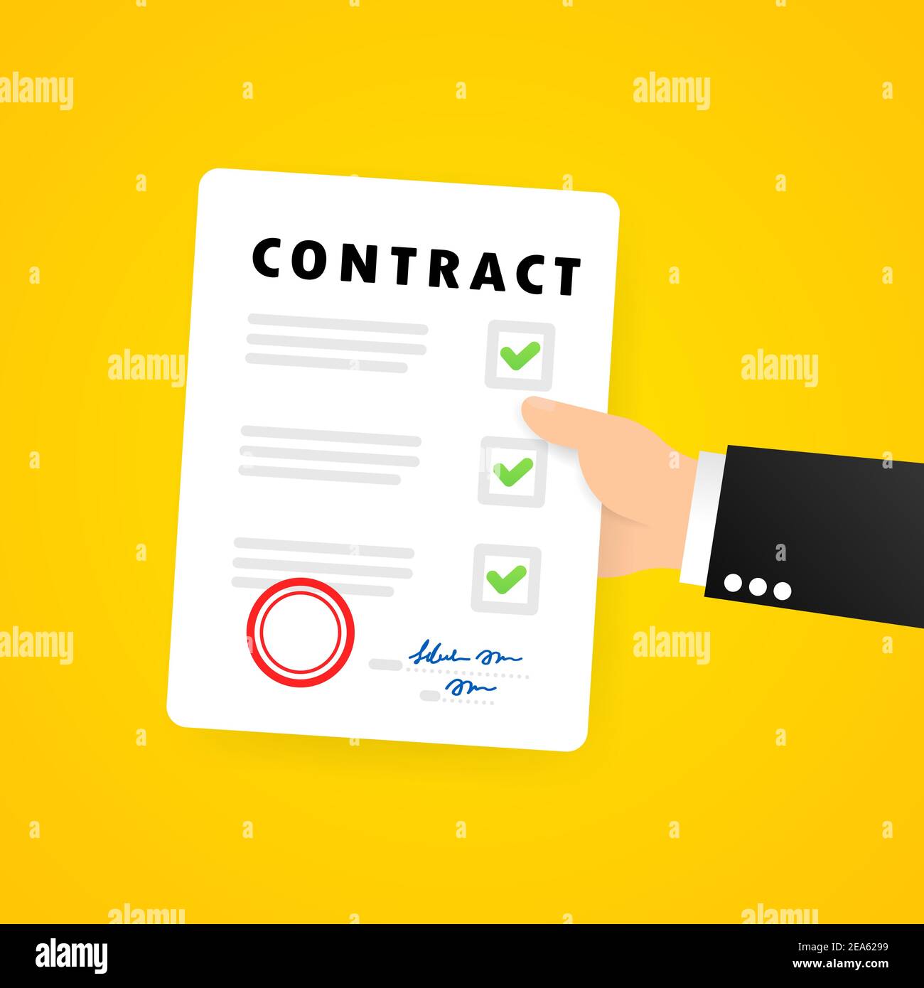 Business man hand holds contract. Contractual document. Legal document symbol with stamp. Vector on isolated background. EPS 10 Stock Vector