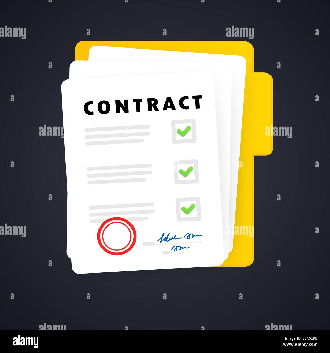 Contract document. Folder icon. Paper documents in folder with stamp and text. Confirmed or approved document. Vector on isolated background. EPS 10 Stock Vector