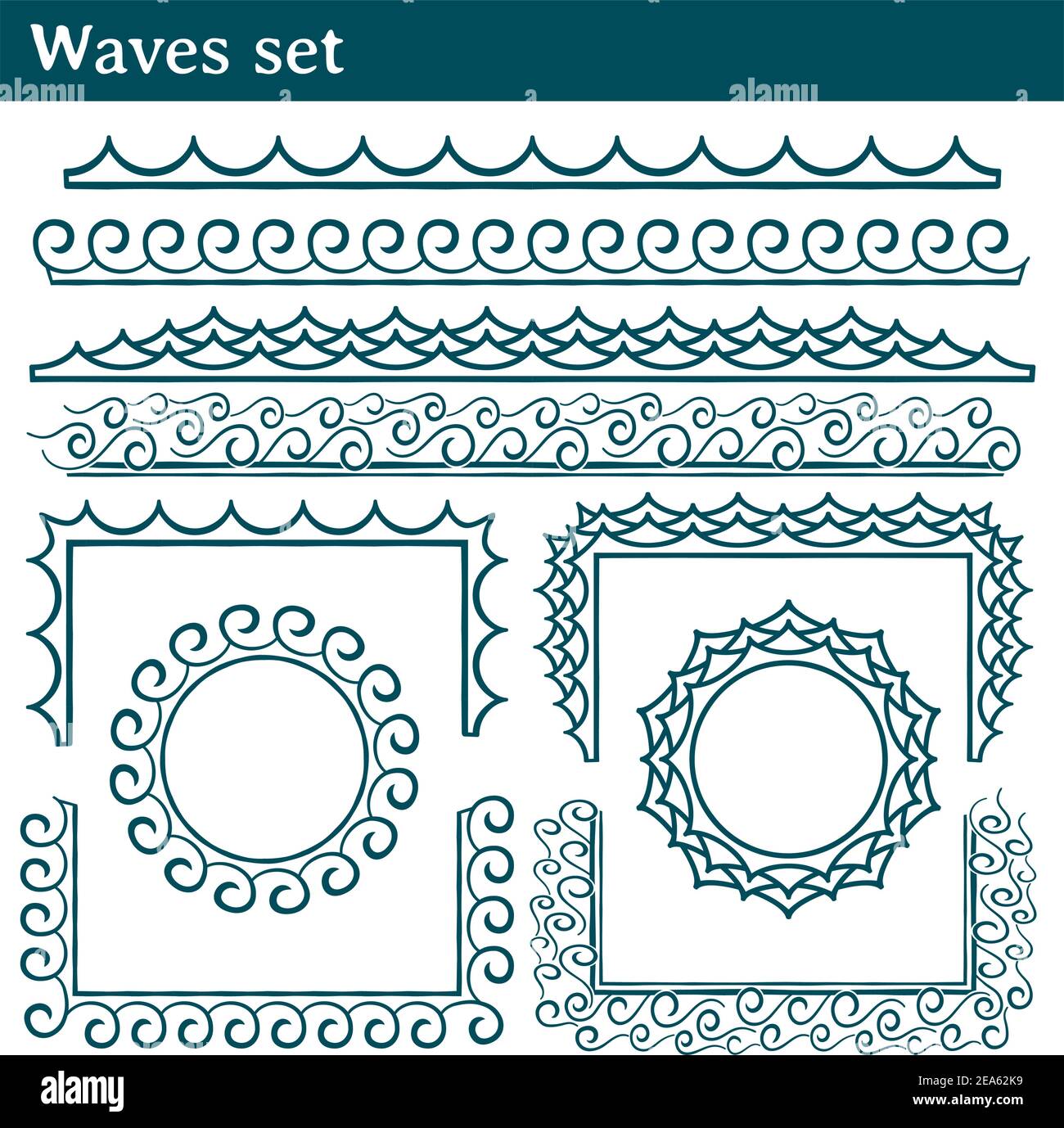 4 different vector brushes with waves. All brushes include outer and inner corner tiles. Stock Vector