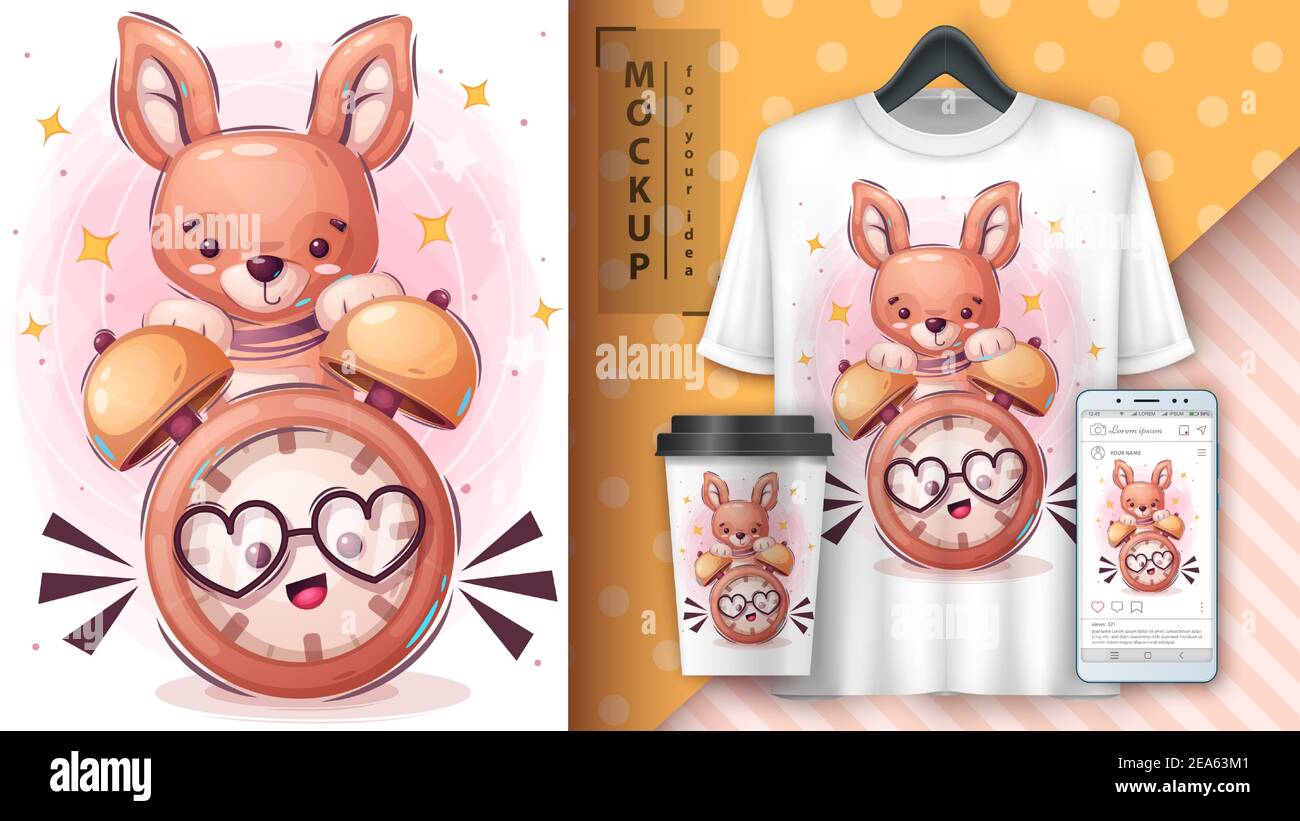 Kangaroo with clock poster and merchandising Stock Vector