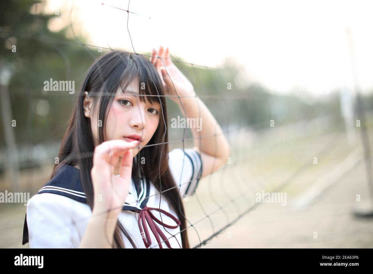 Portrait of beautiful Asian japanese high school girl uniform looking with net in green background Stock Photo