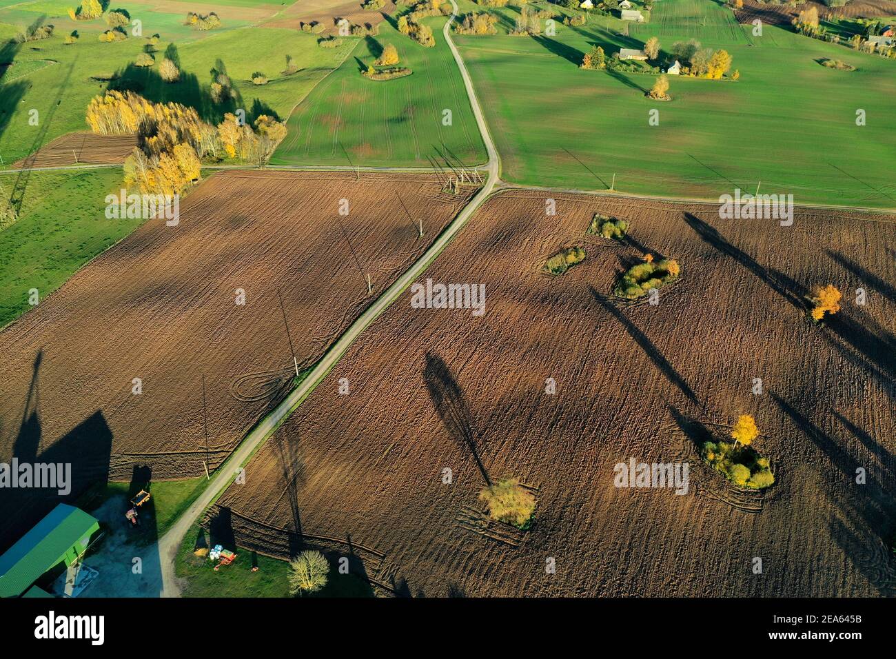 autumn landscape with fields, trees and road, aerial Stock Photo