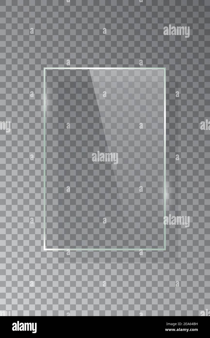 Realistic 3d vertical rectangular glass frame isolated on grey transparent background. Creative