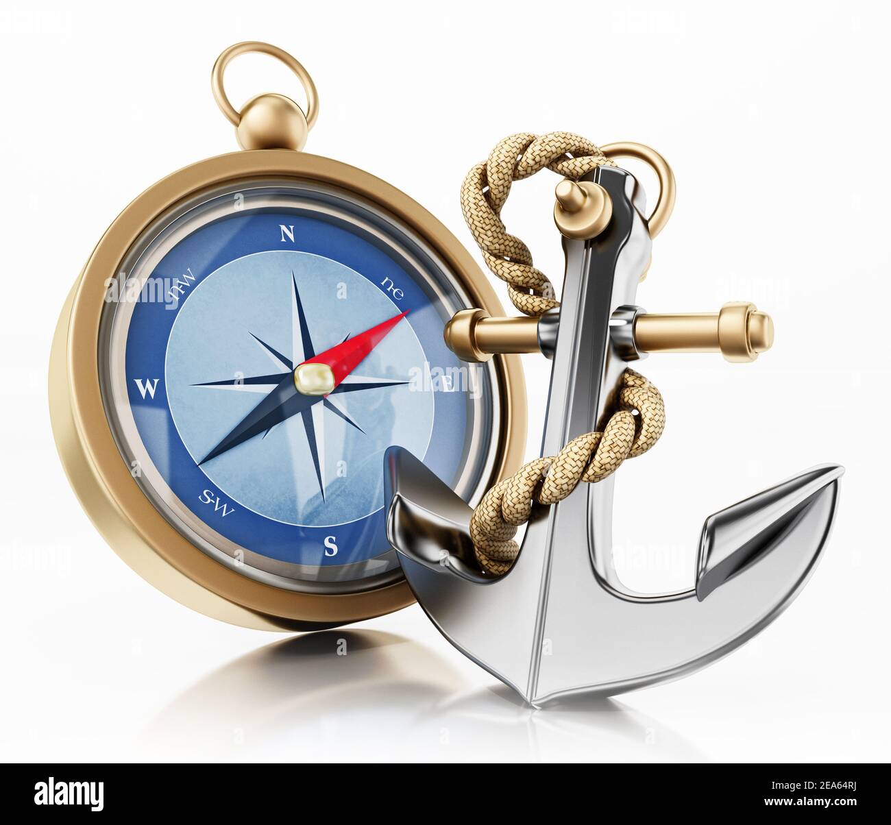 Compass and anchor isolated on white background. 3D illustration. Stock Photo