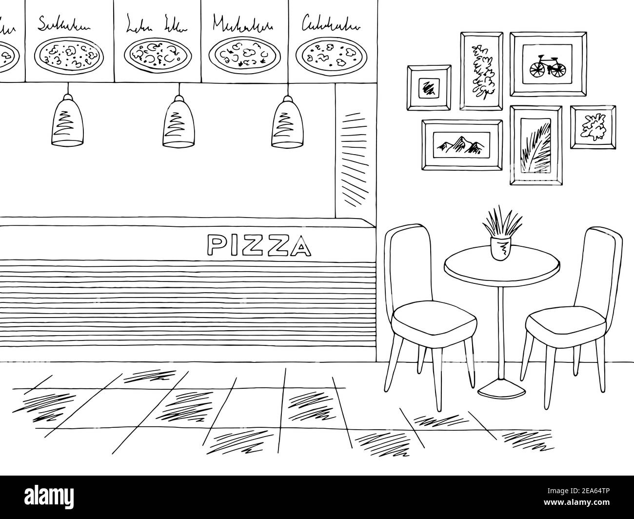 Pizza restaurant interior fast food court graphic black white sketch illustration vector Stock Vector