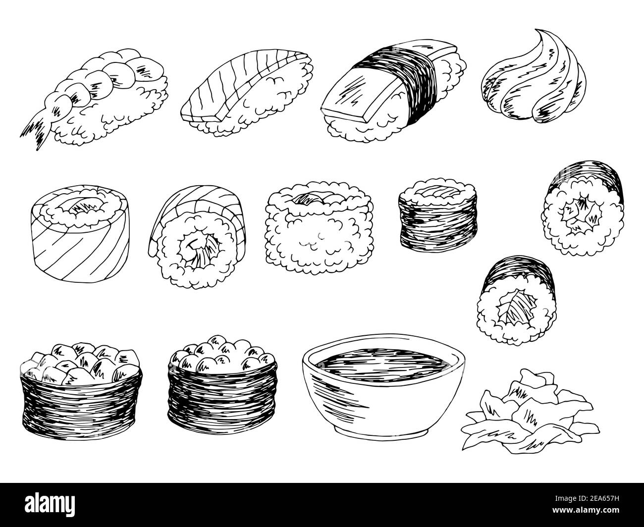 Sushi set graphic black white isolated food sketch illustration vector Stock Vector