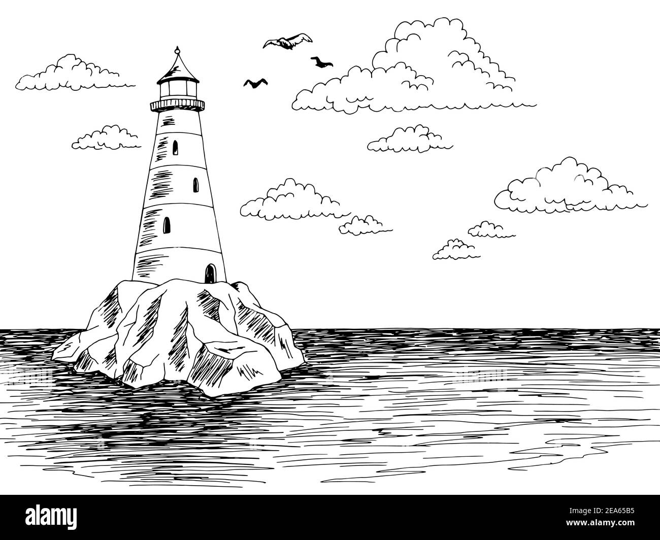 Lighthouse island sea graphic black white landscape sketch illustration vector Stock Vector