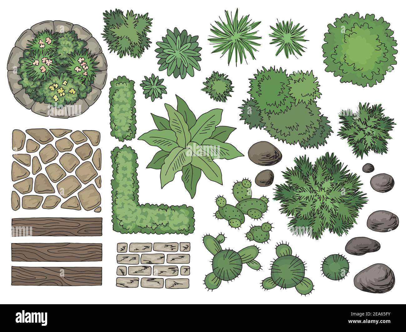 Landscape architect design element set color top sketch aerial view isolated illustration vector Stock Vector