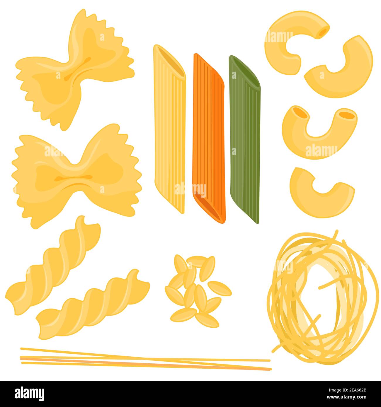 Illustration set of different types of pasta. Farfalle, penne