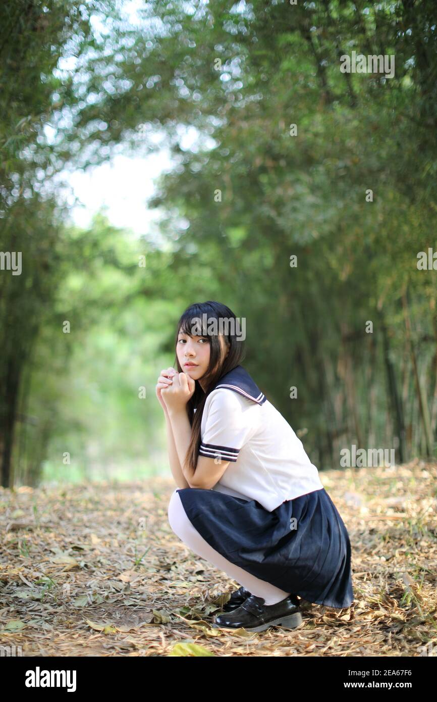 Portrait of beautiful Asian japanese high school girl uniform looking with bamboo forest background Stock Photo