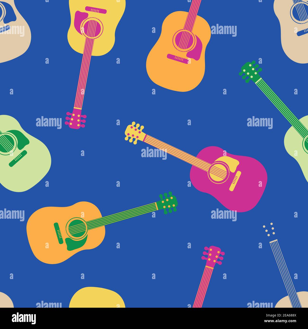 Acoustic guitar vector seamless pattern background. Vibrant tropical