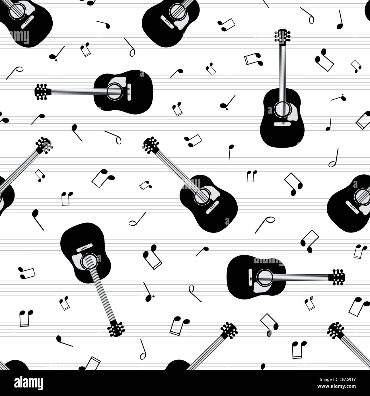Acoustic guitar and music notes vector seamless pattern background