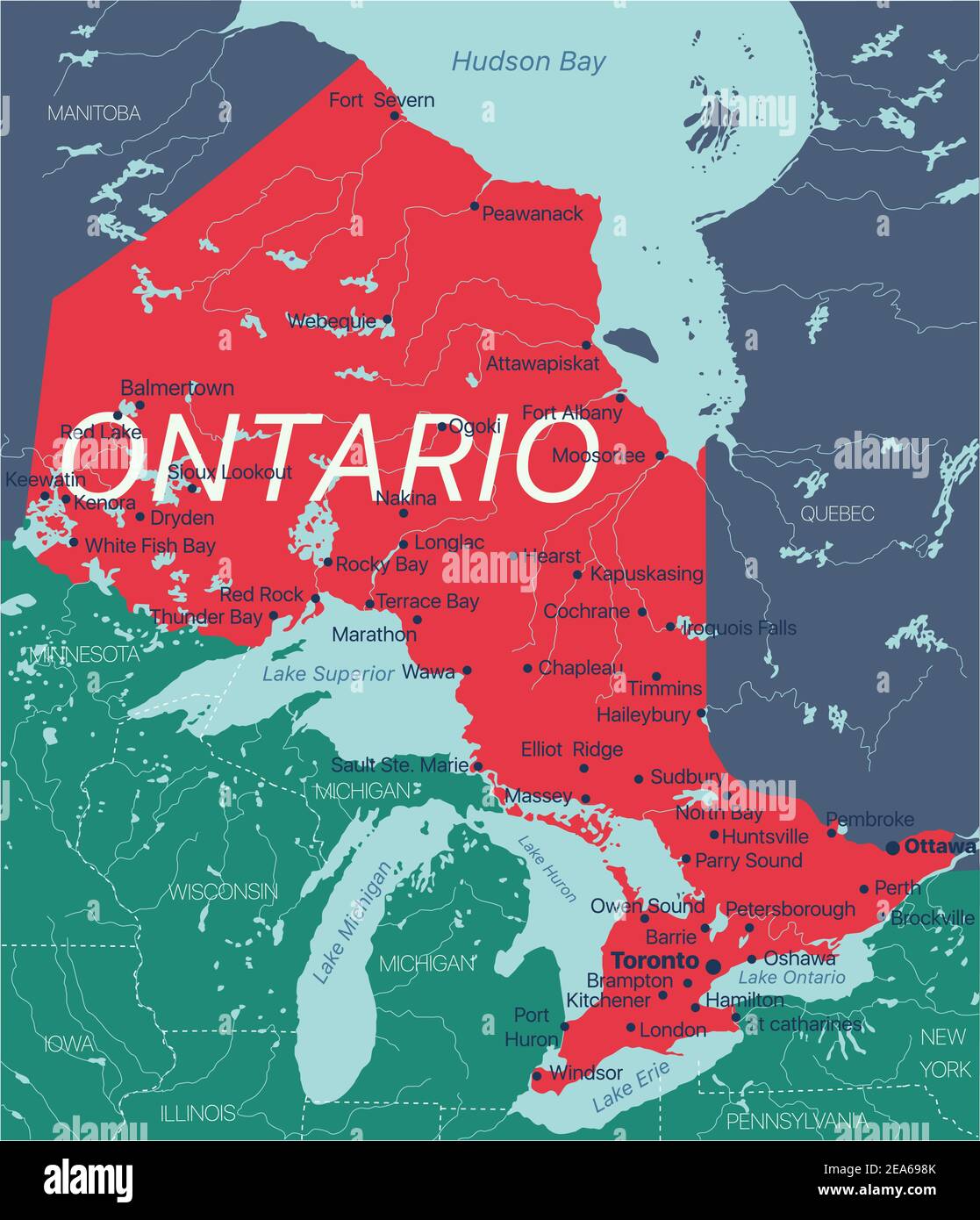 Ontario province vector editable map of the Canada with capital, national borders, cities and towns, rivers and lakes. Vector EPS-10 file Stock Vector