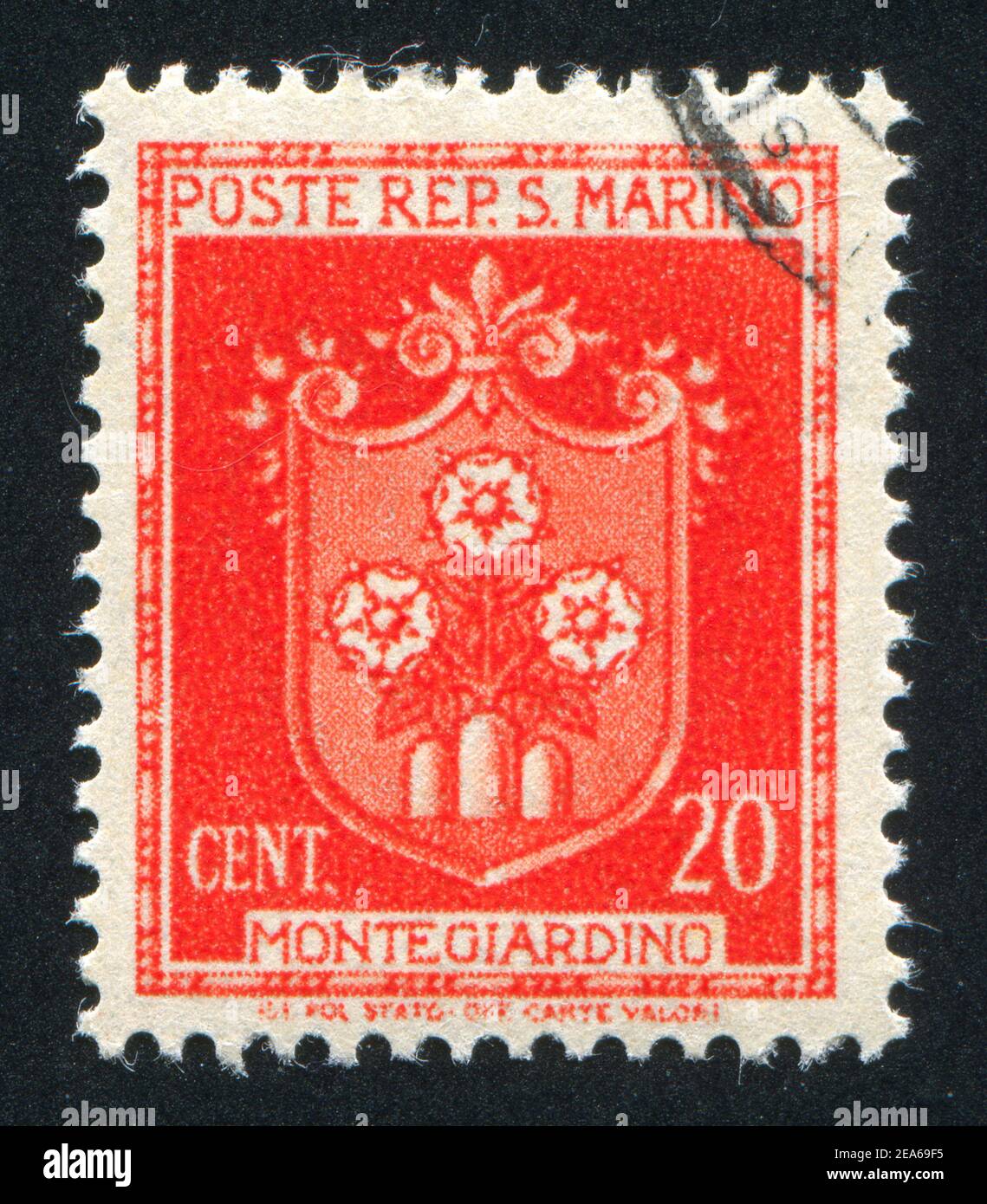 SAN MARINO - CIRCA 1945: stamp printed by San Marino, shows Coat of ...