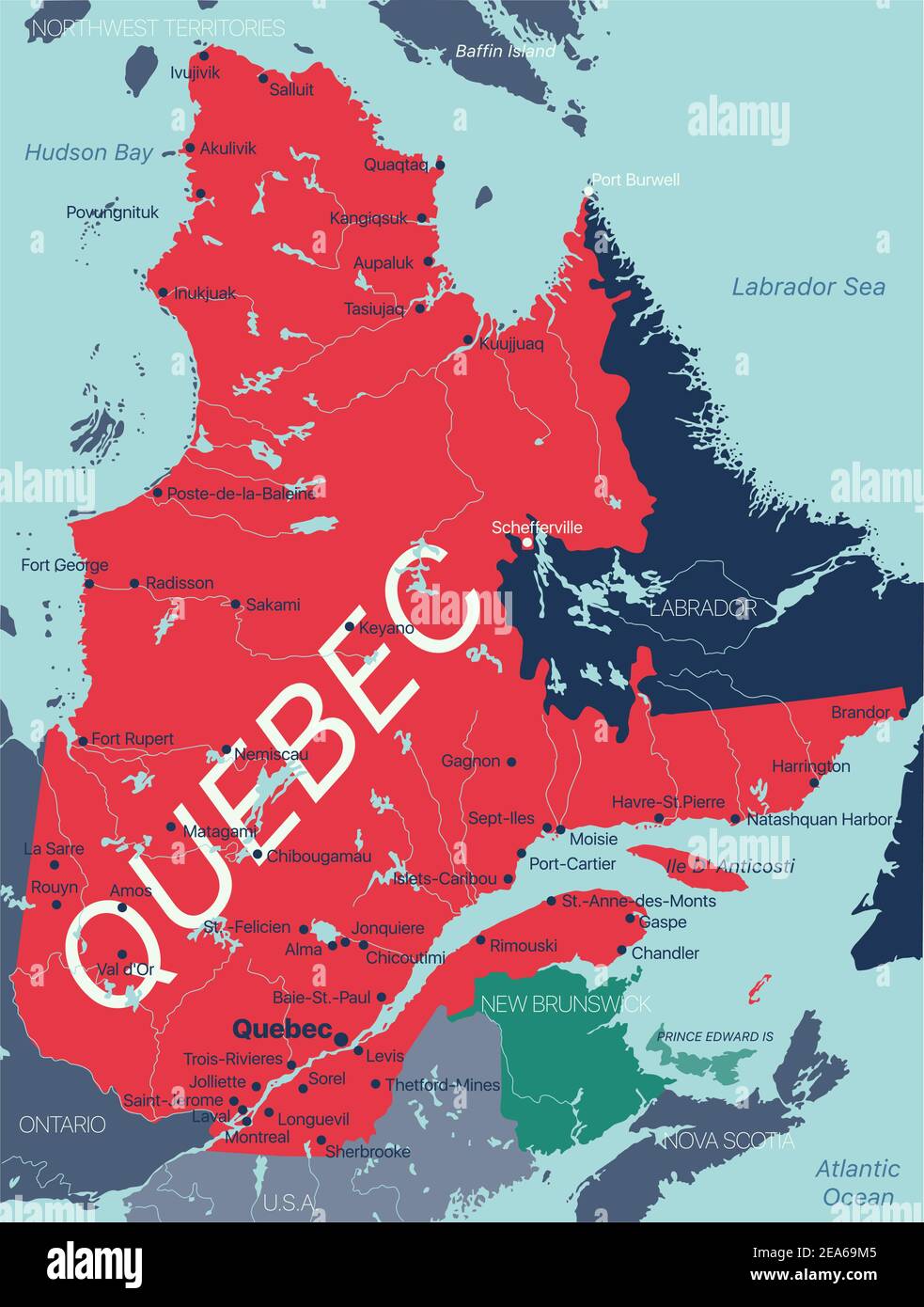Quebec province vector editable map of the Canada with capital, national borders, cities and towns, rivers and lakes. Vector EPS-10 file Stock Vector