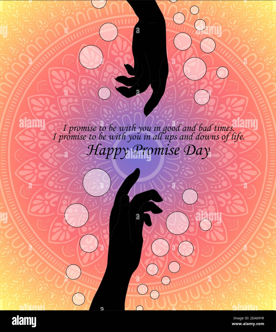promise day ( valentine week ) illustration with quote. Two hand trying to  hold in silhouette with mandala in background Stock Photo - Alamy