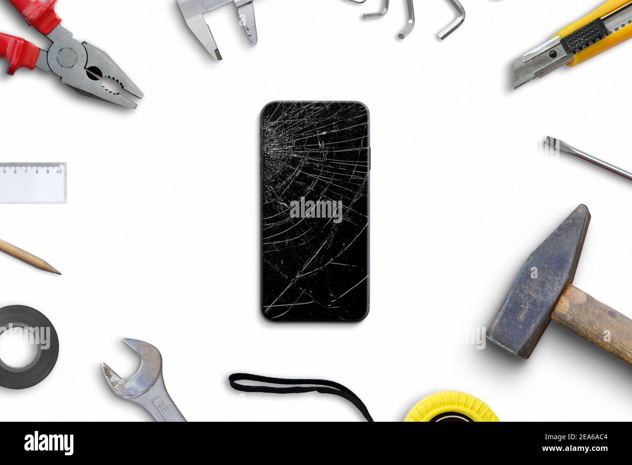 Repair broken phone display concept. Work desk with tools. Top view
