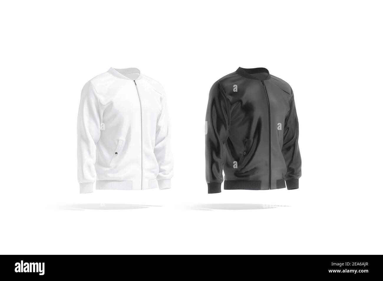 Blank black and white bomber jacket mock up, side view, 3d rendering. Empty clothe windbreaker coat mockup, isolated. Clear military windproof sweater Stock Photo