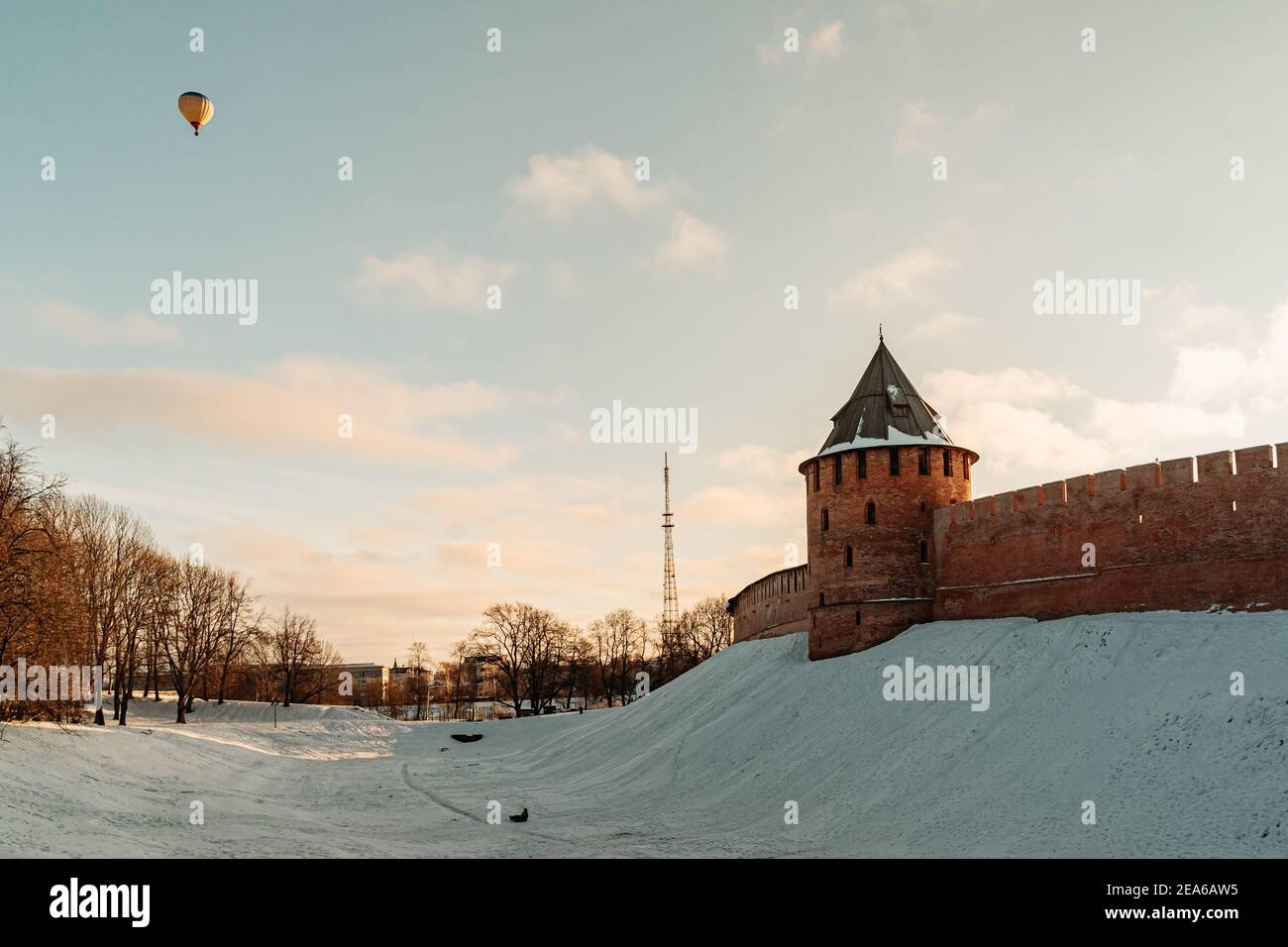 Veliky Novgorod Kremlin fortress, winter sunny view. Winter city travel view.  Stock Photo