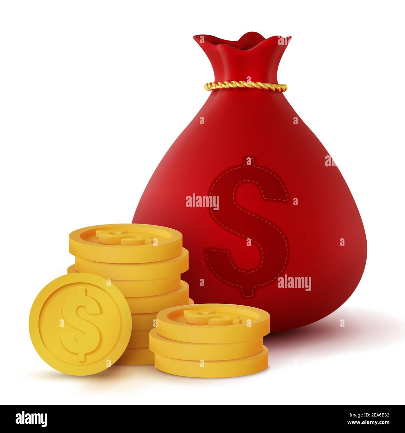 3d realistic red money bag and coins isolated on white background, vector Stock Vector
