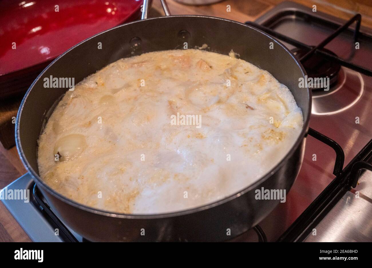 Poaching fish and onion in milk and cream as part of cooking a fish pie Stock Photo Alamy