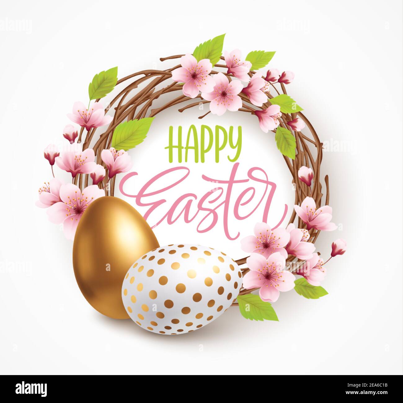 Happy Easter greeting background with realistic Easter eggs in a wreath with spring flowers. Vector illustration Stock Vector