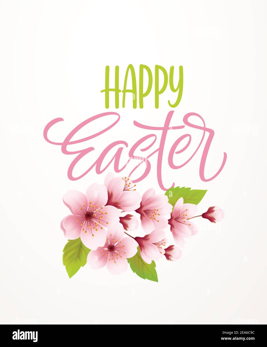 Happy Easter handwriting lettering on background with blooming spring cherry branch. Vector illustration Stock Vector