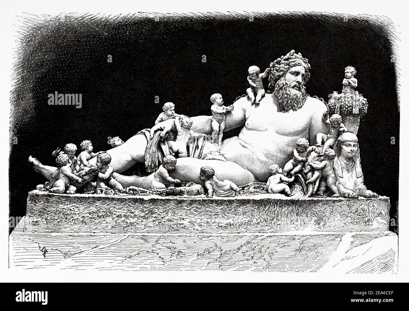 Old Father Nile. Ancient Roman sculpture. Colossus of the Nile, river god with sphinxes and crocodiles. Ancient Egypt History. Old 19th century engraved illustration from El Mundo Ilustrado 1879 Stock Photo