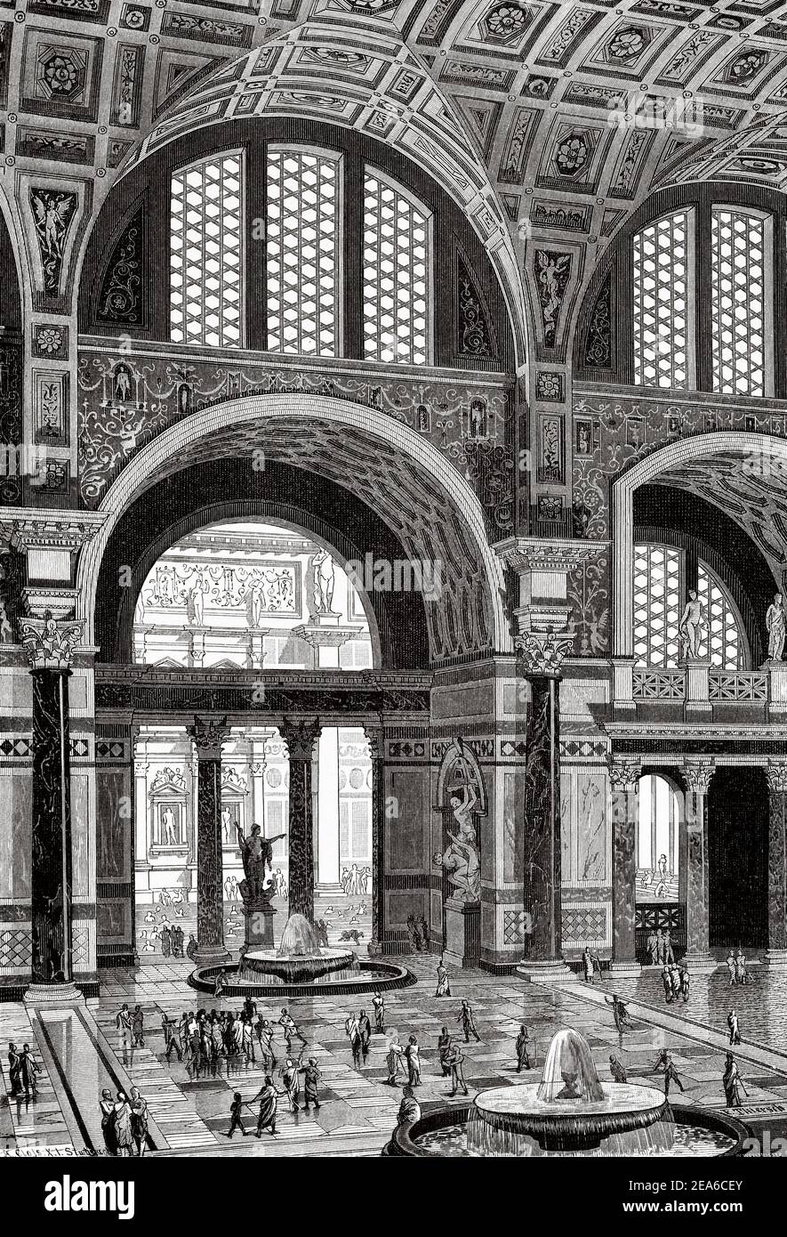 Artistic recreation of the Baths of Caracalla. Antonine Baths, public baths of imperial Rome under the government of Emperor Caracalla, Ancient Rome History. Old 19th century engraved illustration from El Mundo Ilustrado 1879 Stock Photo