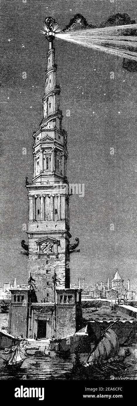 Pharos of Alexandria. Representation of the great lighthouse of Alexandria which was built in 280 BC on the Island of Pharos. One of the Seven Wonders of the Ancient World, Ancient Egypt History. Old 19th century engraved illustration from El Mundo Ilustrado 1879 Stock Photo