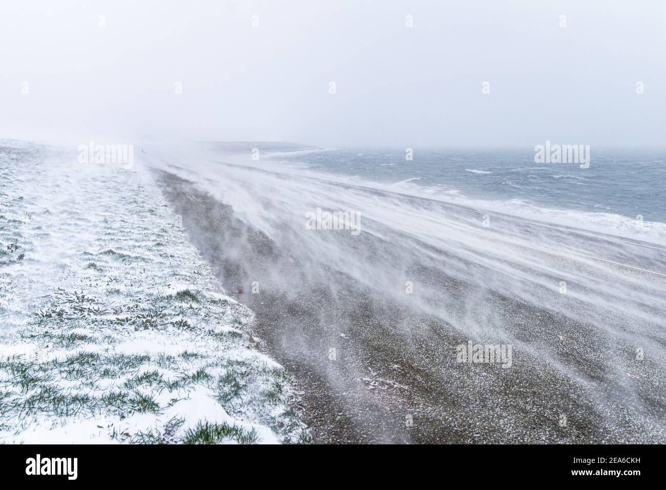 White-out blizzard snow storm on a sea dike in Den Helder, Holland, Netherlands Stock Photo