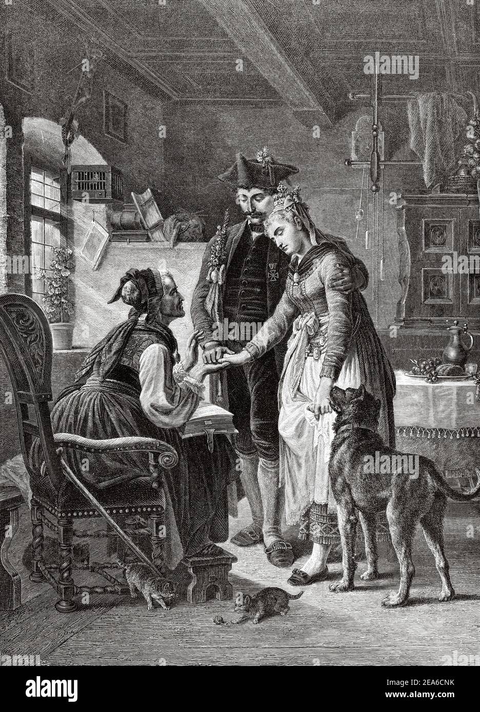 Old Nineteenth century illustration. Engraving grandmother's blessing from a painting of Jacob Grunenwald (1900-1984) Old 19th century engraved illustration from El Mundo Ilustrado 1879 Stock Photo