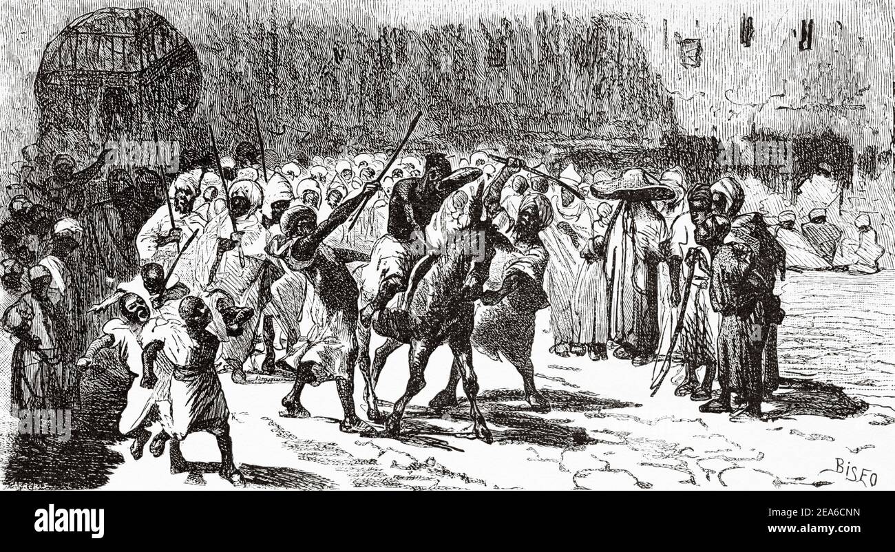 Old Nineteenth century illustration. Punishment of a thief Morocco, North Africa. Old 19th century engraved illustration from El Mundo Ilustrado 1879 Stock Photo