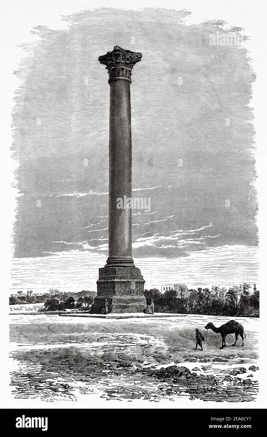 Pompey's pillar , Alexandria. Ancient Egypt History. Old 19th century engraved illustration from El Mundo Ilustrado 1879 Stock Photo