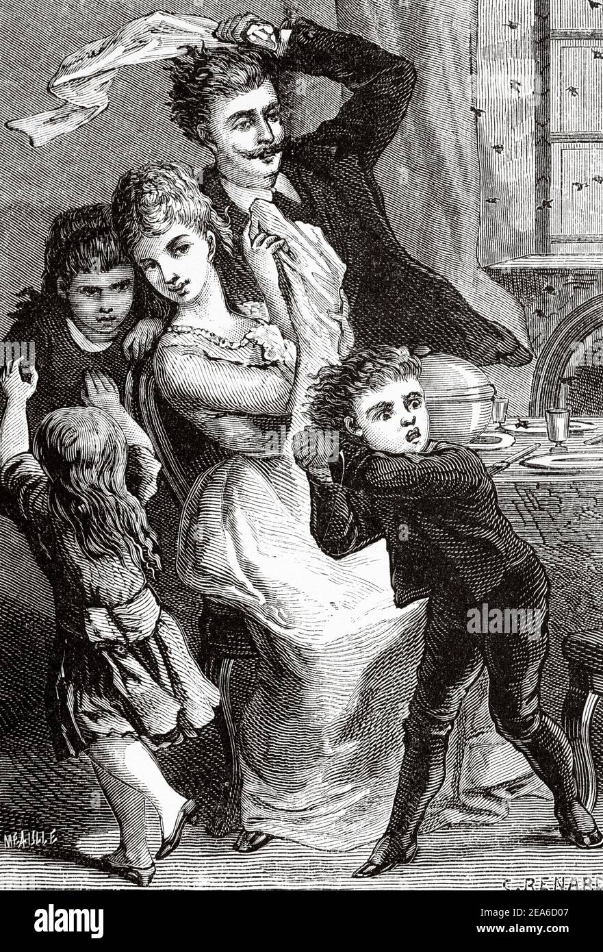 Old Nineteenth century illustration, family dressed in period costume being attacked by a swarm of wasps. Old 19th century engraved illustration from El Mundo Ilustrado 1879 Stock Photo