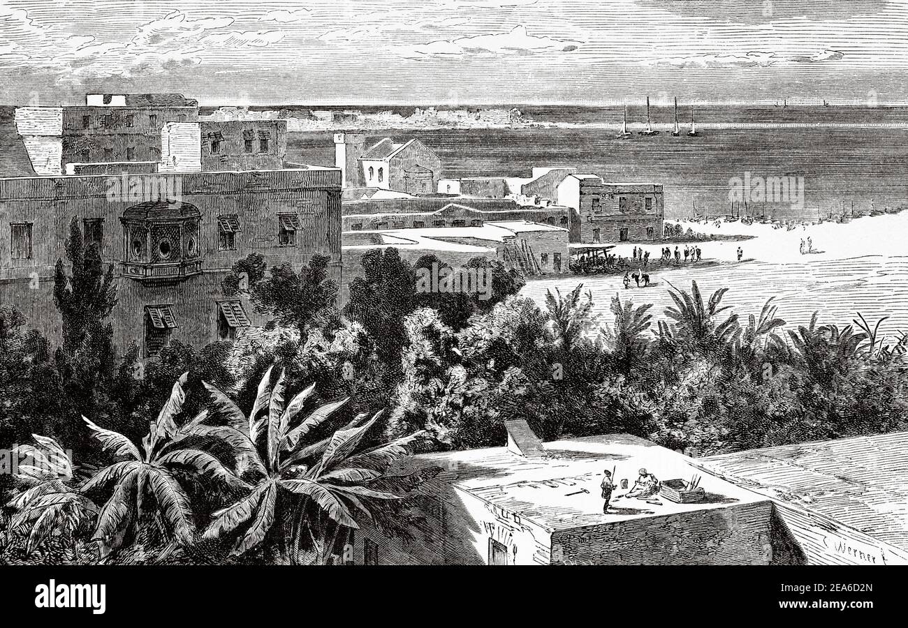 Old port of the Egyptian city of Alexandria. Ancient Egypt History. Old 19th century engraved illustration from El Mundo Ilustrado 1879 Stock Photo