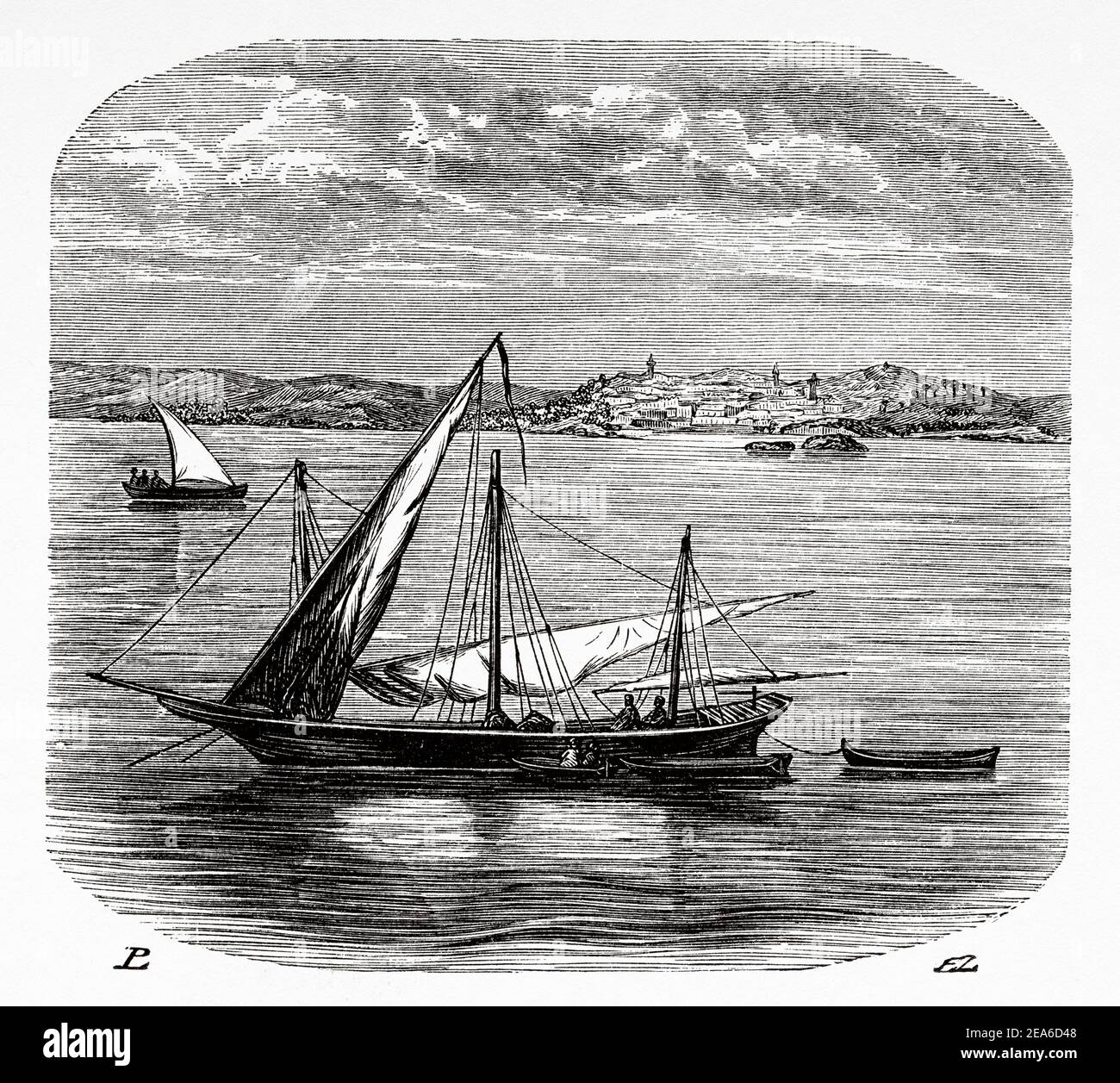 Ship sailing in the Mediterranean Sea along the coasts of Syria. Old 19th century engraved illustration from El Mundo Ilustrado 1879 Stock Photo