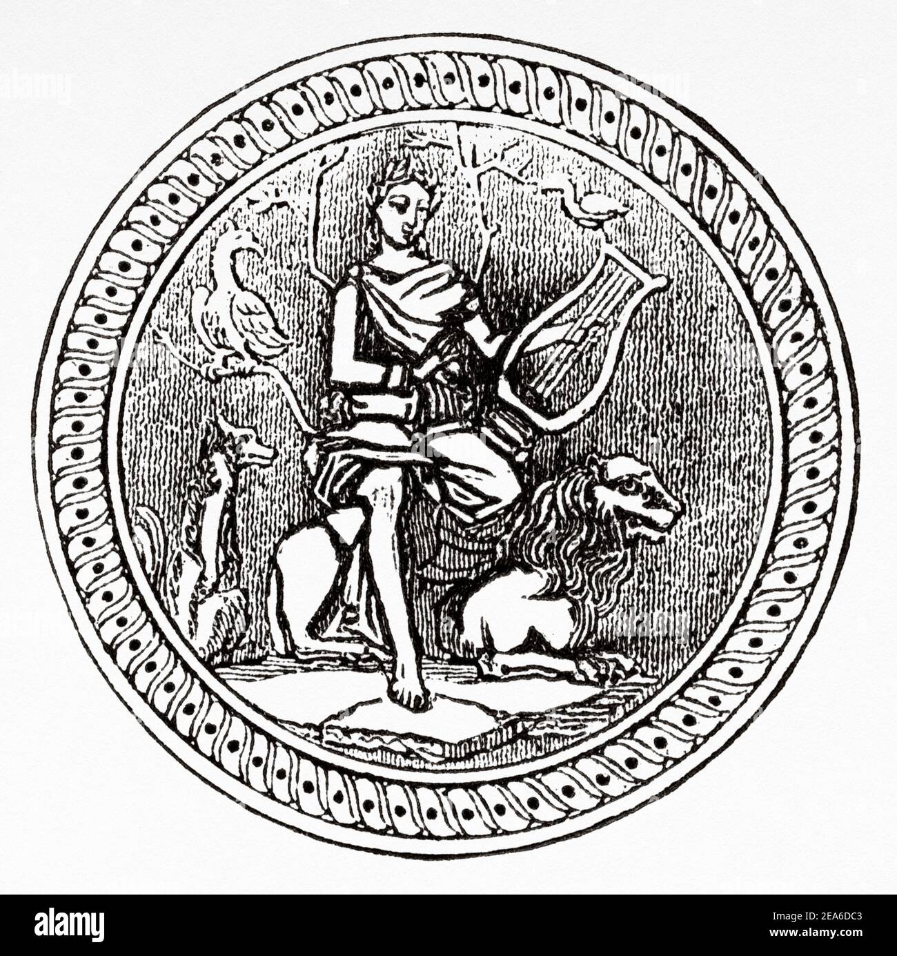 Orpheus attracting wild animals to the sound of his lyre, greek mythology character. Ancient Greece History. Old 19th century engraved illustration from El Mundo Ilustrado 1879 Stock Photo
