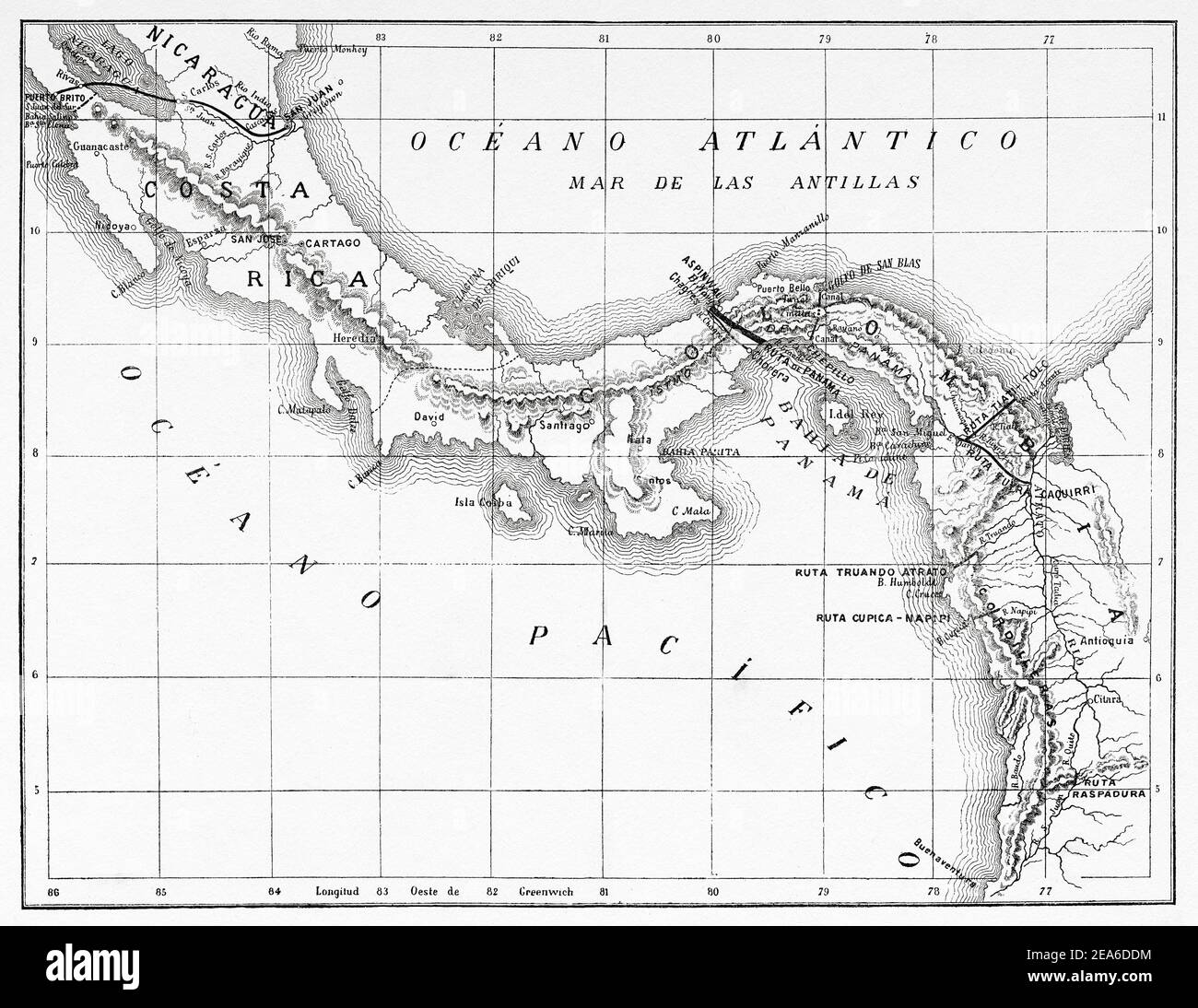 Old map of Central America. Panama canal route. Wyse Route. Lucien Napoleon Bonaparte Wyse (1845-1909) was a French engineer, commissioned to examine the different possible routes for future excavations of the Panama Canal. Central America. Old 19th century engraved illustration from El Mundo Ilustrado 1879 Stock Photo