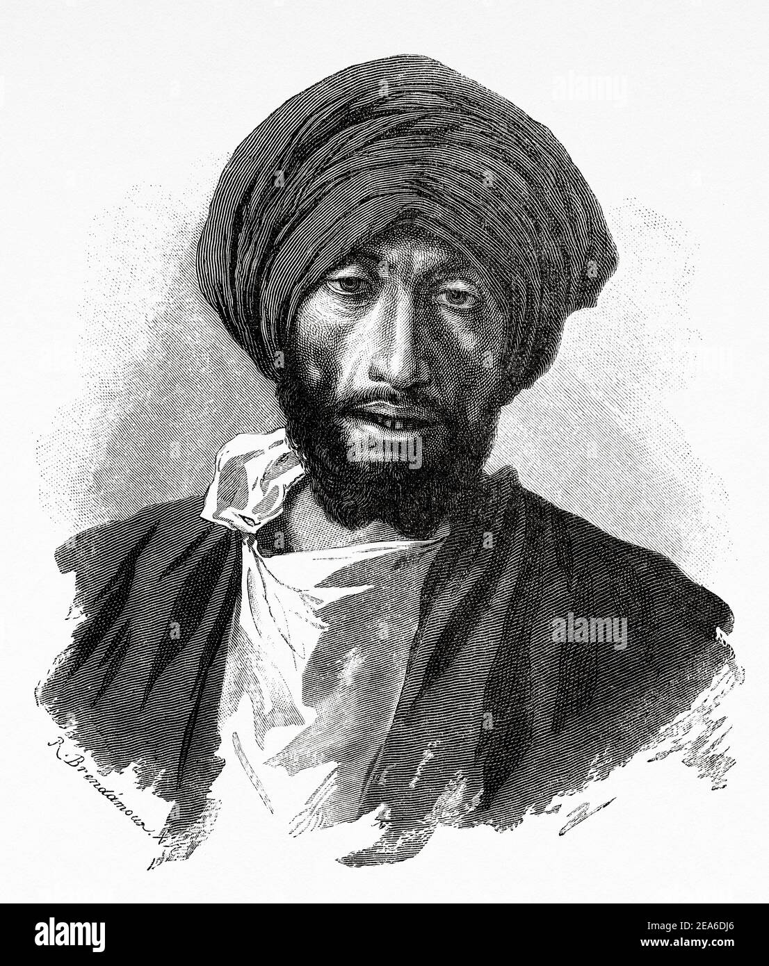 Portrait of Egyptian man of the Coptic religion. The term Coptic refers to Egyptians who profess some type of Christian faith in the Coptic Orthodox Church, the Coptic Catholic Church, or the Coptic Evangelical Church. Ancient Egypt History. Old 19th century engraved illustration from El Mundo Ilustrado 1879 Stock Photo