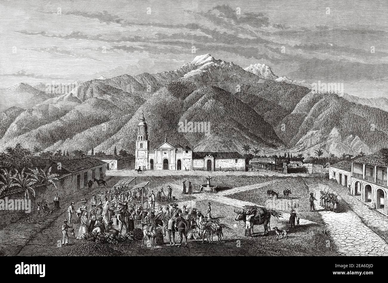 Panoramic general view of the main square and the cathedral of the Venezuelan city of Merida. Venezuela, South America. Old 19th century engraved illustration from El Mundo Ilustrado 1879 Stock Photo