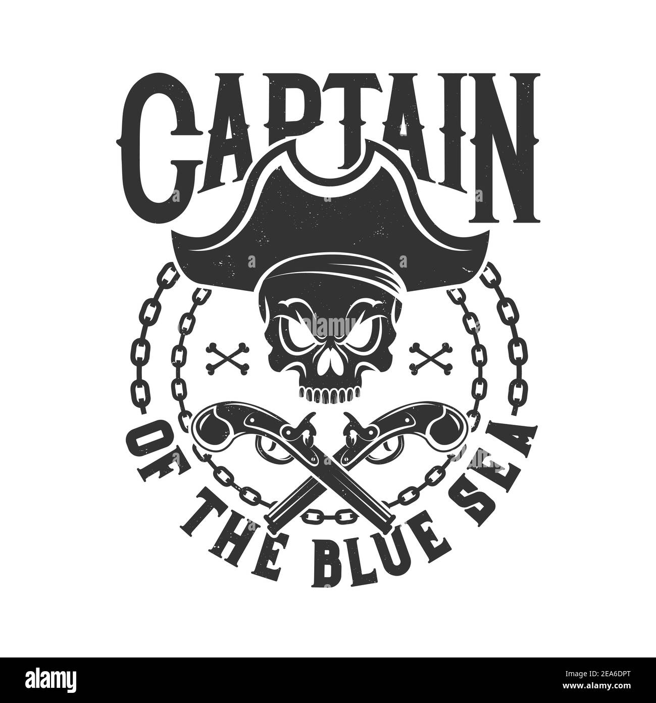 Tshirt print with pirate skull in tricorn, chain and crossed guns, vector mascot. T shirt apparel design with typography captain of blue sea. Isolated Stock Vector