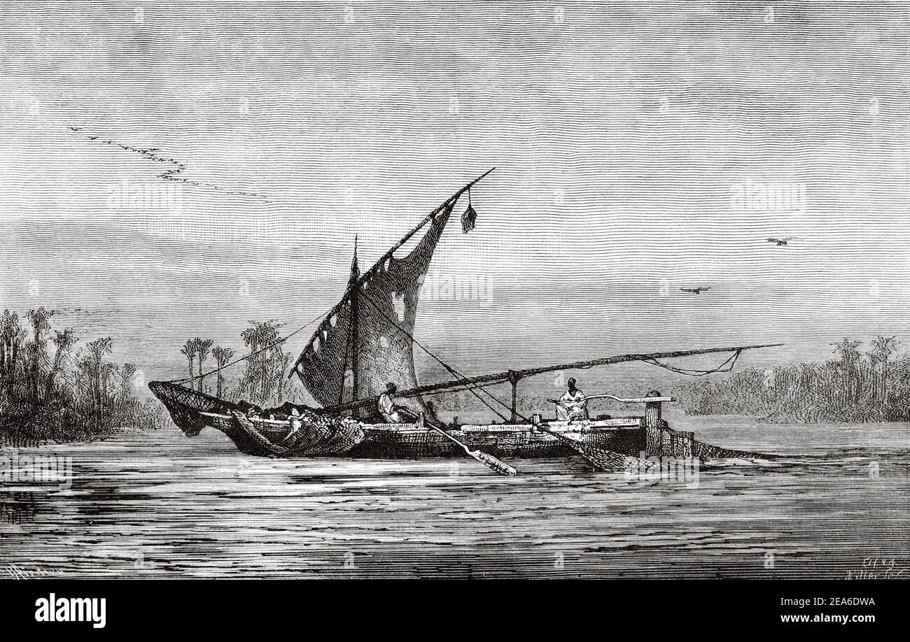 Traditional fishing with boat on the river Nile. Ancient Egypt History. Old 19th century engraved illustration from El Mundo Ilustrado 1879 Stock Photo